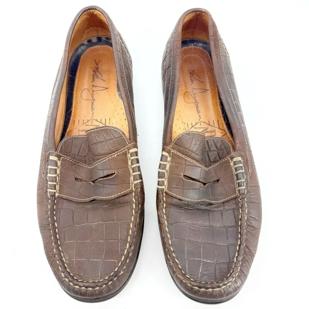 Martin Dingman Leather Penny Loafers Mens 10.5 M Brown Croc Embossed
